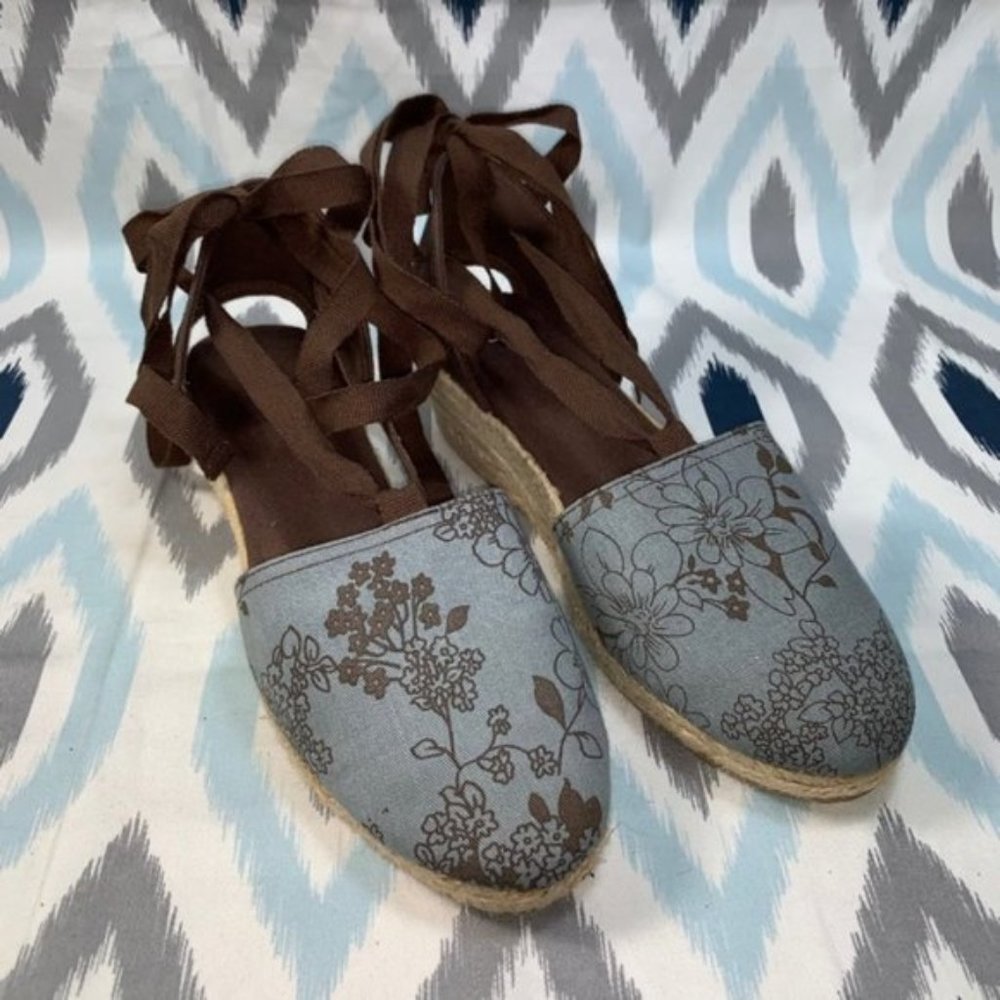 Women's Blue & Brown Floral Tie-Up Ankle Platform Espadrilles